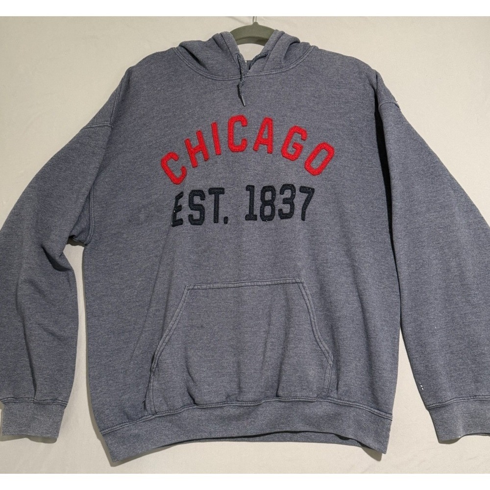 gildan‎ brand blue pullover hoodie 'chicago 1837' men's large sweatshirt